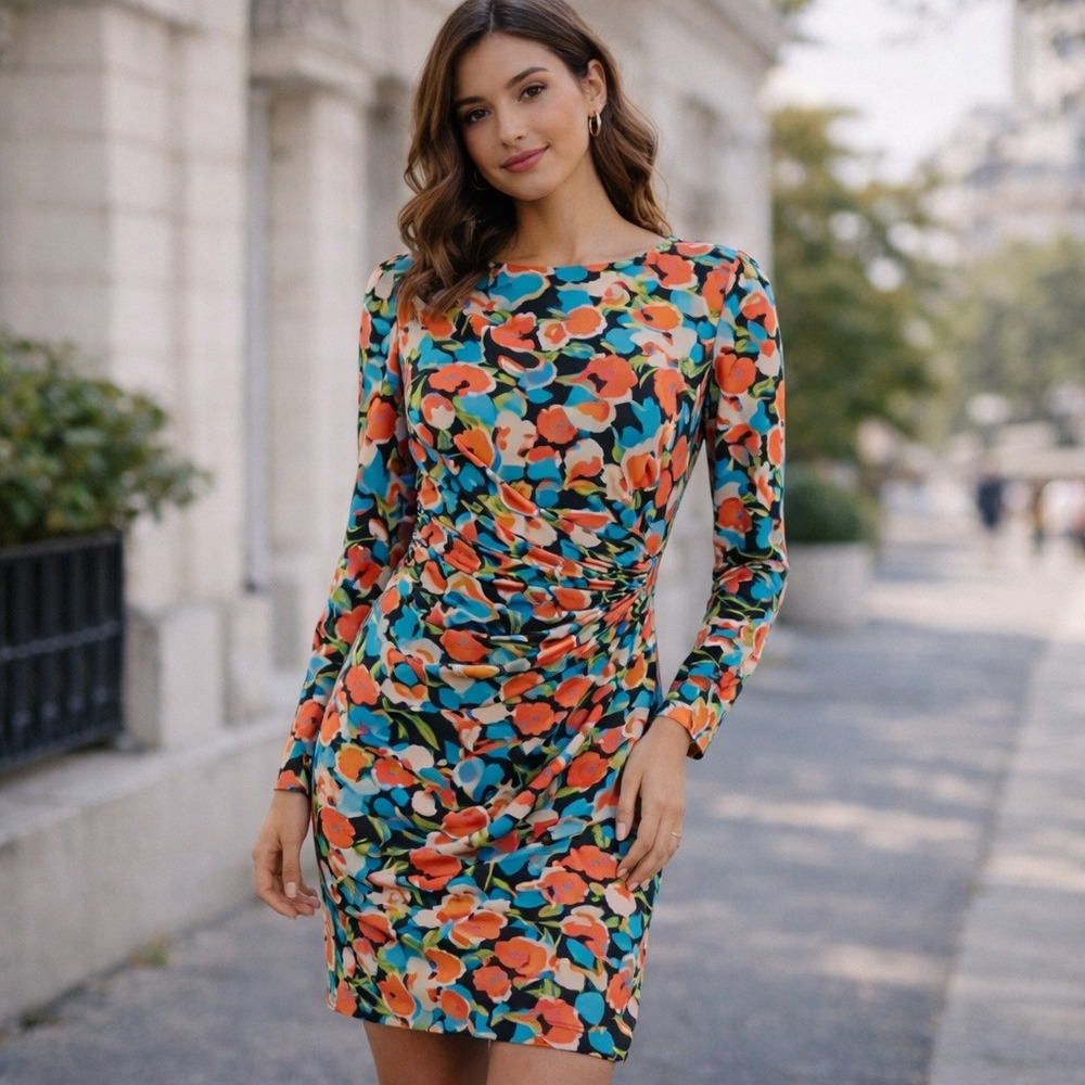 ZARA Floral Print Long Sleeve Sheath Mini Dress Womens M Orange Blue Yellow